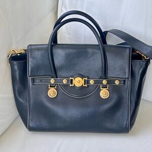 Versace Gold Medusa Head Black Leather Large Travel Bag.Vintage 2000s AUTHENTIC
